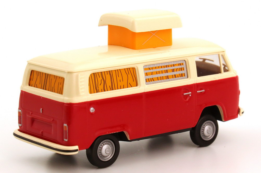 Foto 1:87 VW T2 (T2b) Camping-Bus Camper Hubdach ausgestellt rot/beige, ohne Gepäckträger Brekina 33104