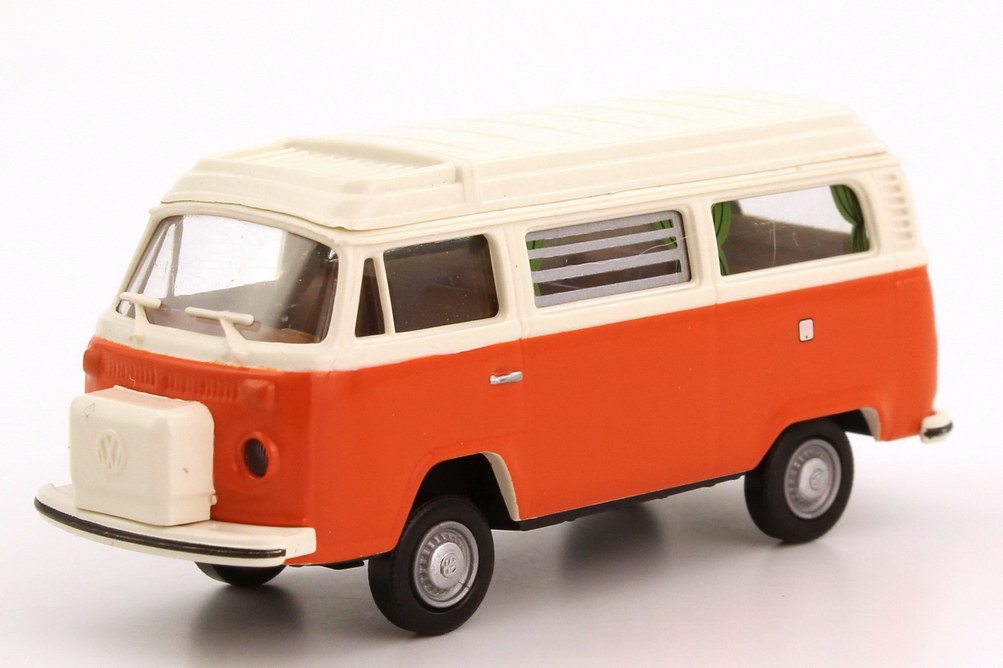 Foto 1:87 VW T2 (T2b) Westfalia Camping-Bus Camper orange/creme-weiß, Reserverad vorne Brekina 33101