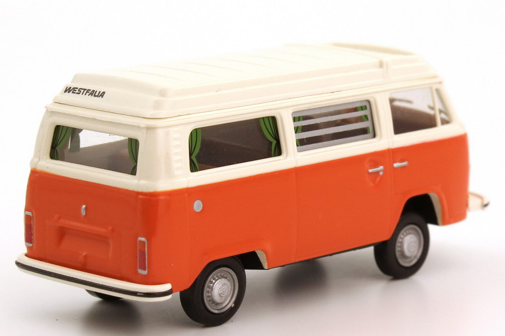 Foto 1:87 VW T2 (T2b) Westfalia Camping-Bus Camper orange/creme-weiß, Reserverad vorne Brekina 33101