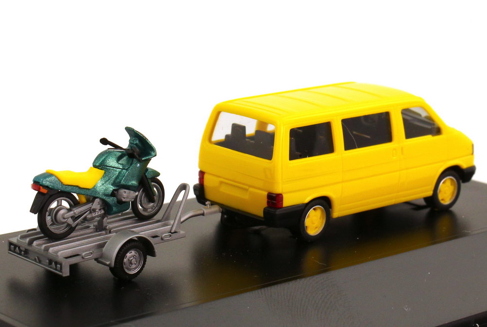 Foto 1:87 VW T4 Bus gelb mit Anhänger und BMW R 1100 RS Just me and my bike herpa 181846