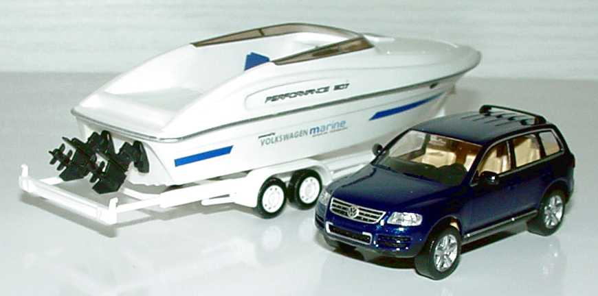 Foto 1:87 VW Touareg ravennablau-met. mit Speedboot Performance 807 Werbemodell Wiking 7L0099301A