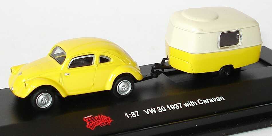 Foto 1:87 VW Typ 30 Prototyp 1937 gelb mit Wohnwagen Malibu International 06000