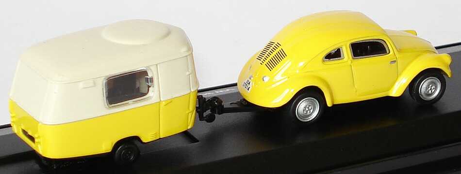 Foto 1:87 VW Typ 30 Prototyp 1937 gelb mit Wohnwagen Malibu International 06000