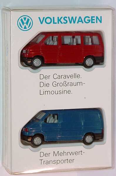 Foto 1:87 Volkswagen Der Caravelle. Die Großraumlimousine - Der Mehrwert-Transporter (T4 Bus rot + T4 Kasten blau) Werbemodell Wiking