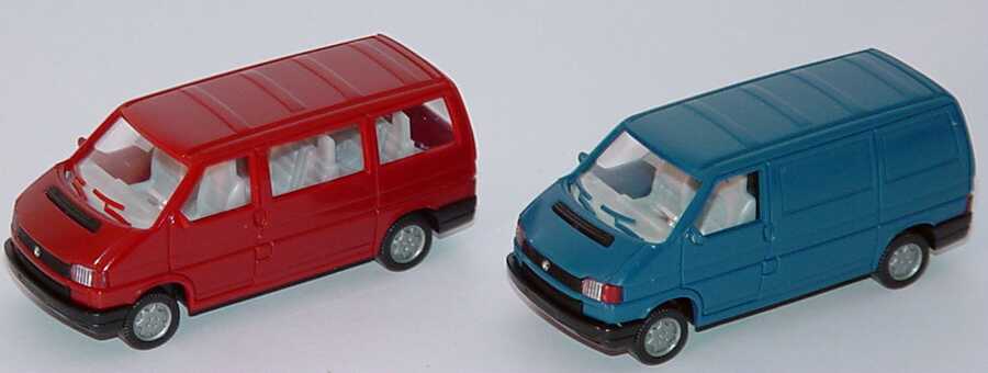Foto 1:87 Volkswagen Der Caravelle. Die Großraumlimousine - Der Mehrwert-Transporter (T4 Bus rot + T4 Kasten blau) Werbemodell Wiking