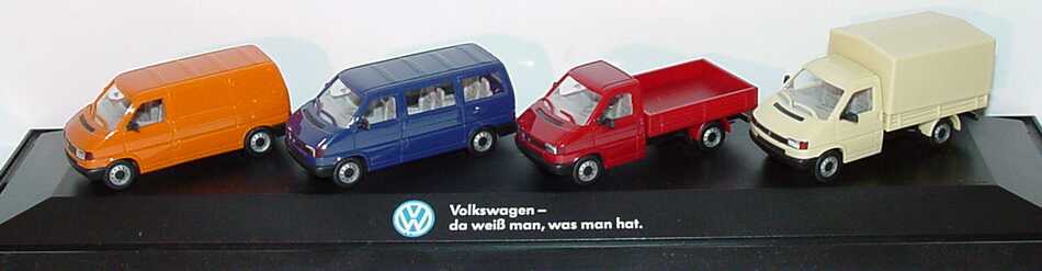 Foto 1:87 Volkswagen Nutzfahrzeug Edition Nr.2 (T4 Kasten orange + T4 Bus dunkelblau + T4 Pritsche weinrot + T4 PP beige) herpa