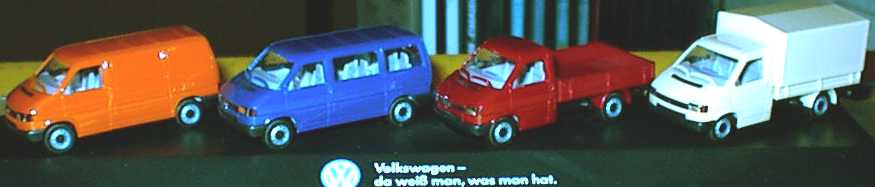 Foto 1:87 Volkswagen Transporter Edition Nr.2 (T4 Kasten orange + T4 Caravelle blau + T4 Pritsche rot + T4 PP beige) herpa