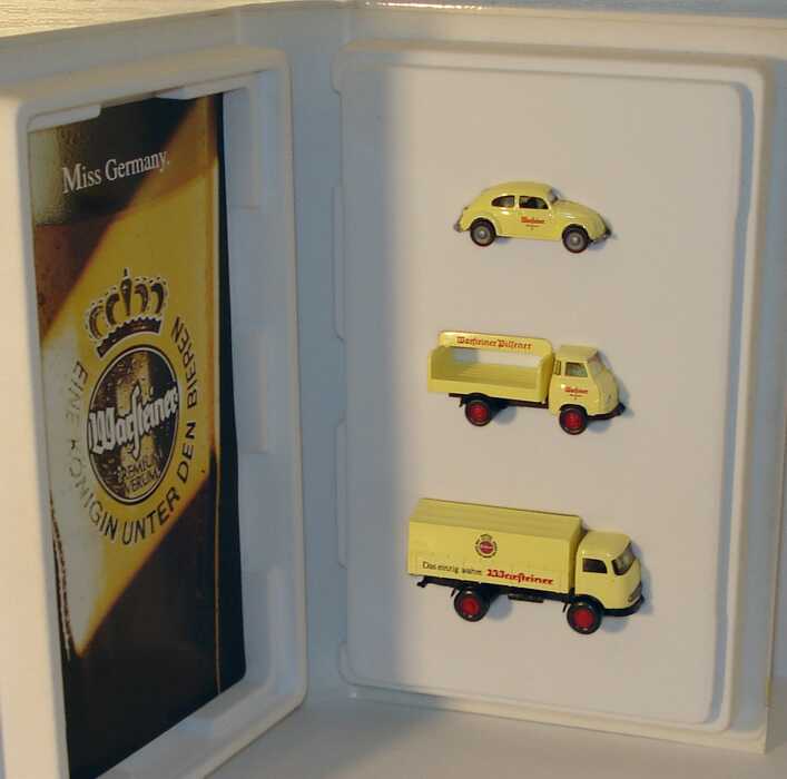 Foto 1:87 Warsteiner Historical Motoring 2. Modell-Edition (VW Brezel-Käfer + Hanomag Kurier Getränkewagen + Mercedes  LP321 2a PP-Lkw in Videohülle) Wiking 3289