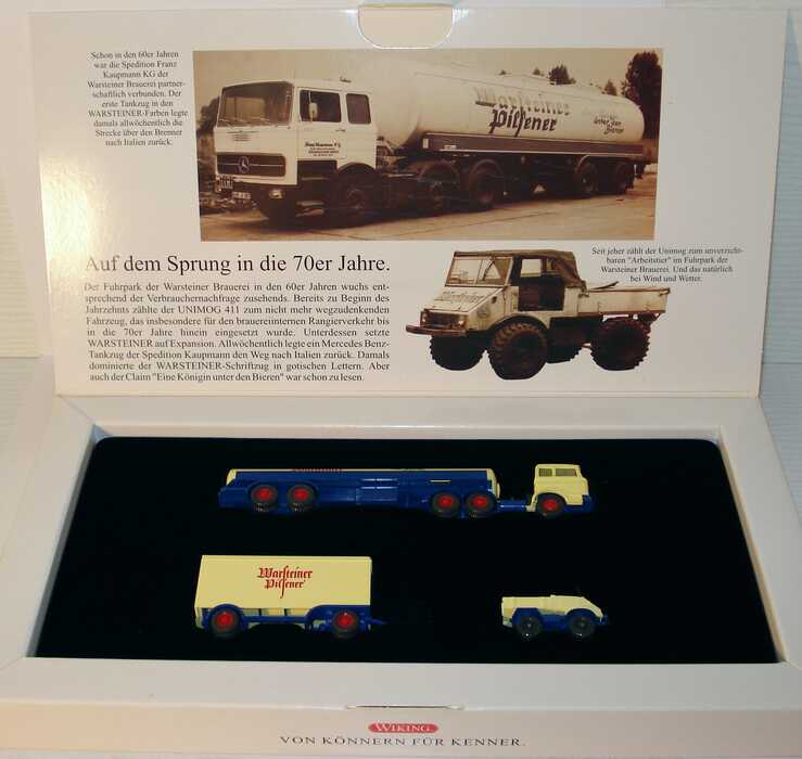 Foto 1:87 Warsteiner Historical Motoring 6. Modell-Edition (Mercedes-Benz LP 2223 TankSzg + Unimog 411 mit Anhänger) Wiking 3676